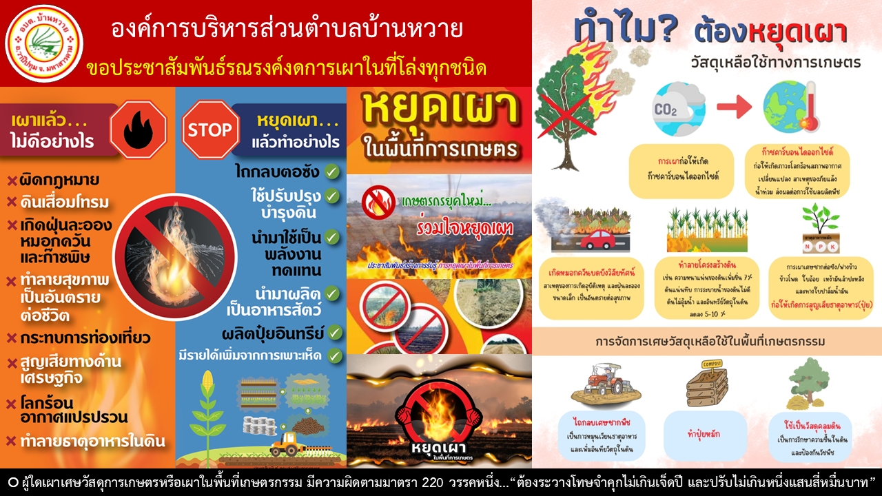 ขอประชาสัมพันธ์รณรงค์งดการเผาในที่โล่งทุกชนิด ด้วยในช่วงฤดูแล้งของทุกปี พื้นที่เกือบทุกภาคของประเทศไทยมักประสบปัญหาอัคคีภัยและหมอกควันไฟป่า ซึ่งเป็นสาเหตุสำคัญที่ก่อให้เกิดวิกฤติมลพิษทางอากาศ ทำให้ฝุ่นละอองเกินค่ามาตรฐาน และถือเป็นสาธารณภัยที่ส่งผลกระทบต่อการดำรงชีวิต เศรษฐกิจ สังคม สุขภาพอนามัยของประชาชน คุณภาพสิ่งแวดล้อม และทัศนวิสัยในการคมนาคมทั้งทางบก และทางน้ำ ในการนี้ องค์การบริหารส่วนตำบลบ้านหวาย จึงขอความร่วมมือประชาชนในพื้นที่ตำบลบ้านหวาย ลดการเผากำจัด ขยะมูลฝอยในชุมชน การเผาพื้นที่ทางเกษตรกรรม และการเผาพื้นที่รกร้าง ทั้งนี้อาจหาวิธีการกำจัดโดยวิธีอื่น แทนวิธีการเผากำจัด เช่น การใช้สารย่อยสลาย การไถกลบตอซังข้าว/ข้าวโพด/ซากวัชพืช การทำปุ๋ยหมัก การทำอาหารสัตว์ การคัดแยกขยะ เป็นต้น ด้วยความปรารถนาดีจากองค์การบริหารส่วนตำบลบ้านหวาย