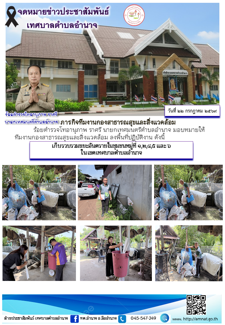 เก็บรวบรวมขยะอันตรายในชุมชนหมู่ที่ ๑,๒,๔,๕ และ ๖ ในเขตเทศบาลตำบลอำนาจ
