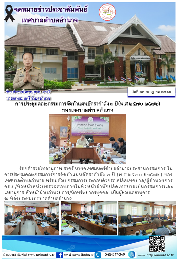 การประชุมคณะกรรมการจัดทำแผนอัตรากำลัง ๓ ปี(พ.ศ ๒๕๗๐-๒๕๗๒) ของเทศบาลตำบลอำนาจ