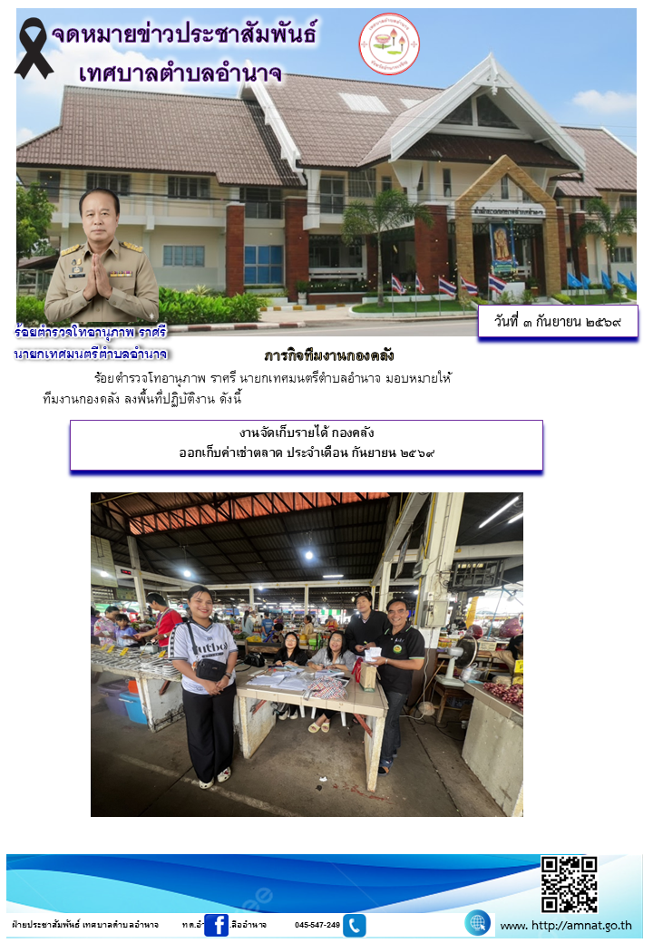 งานจัดเก็บรายได้ กองคลัง  ออกเก็บค่าเช่าตลาด ประจำเดือน กันยายน ๒๕๖๙